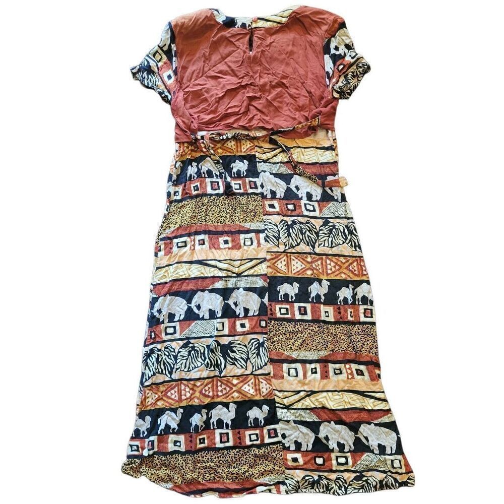 Vintage 90s Midi Dress Women's Medium Sagari Elephant Animal Print - Picture 2 of 5